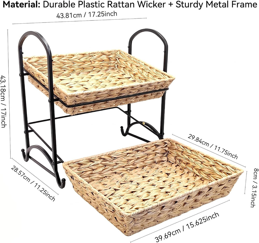 2-Tier Faux Rattan Wicker Storage Basket with Metal Frame, Countertop Organiz...