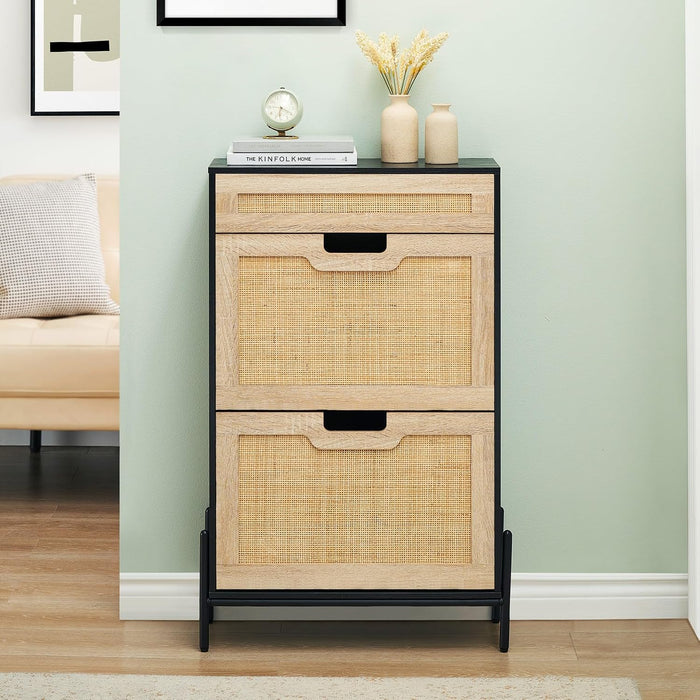 GAOMON Natural Rattan 2 Flip Door with 1 Drawer Shoe Rack Storage Cabinet, Shoe Cabinet Organizer Freestanding with 3-Tier Adjustable Shelves for Entryway, Entrance Hallway (2 Flip Doors, Black)