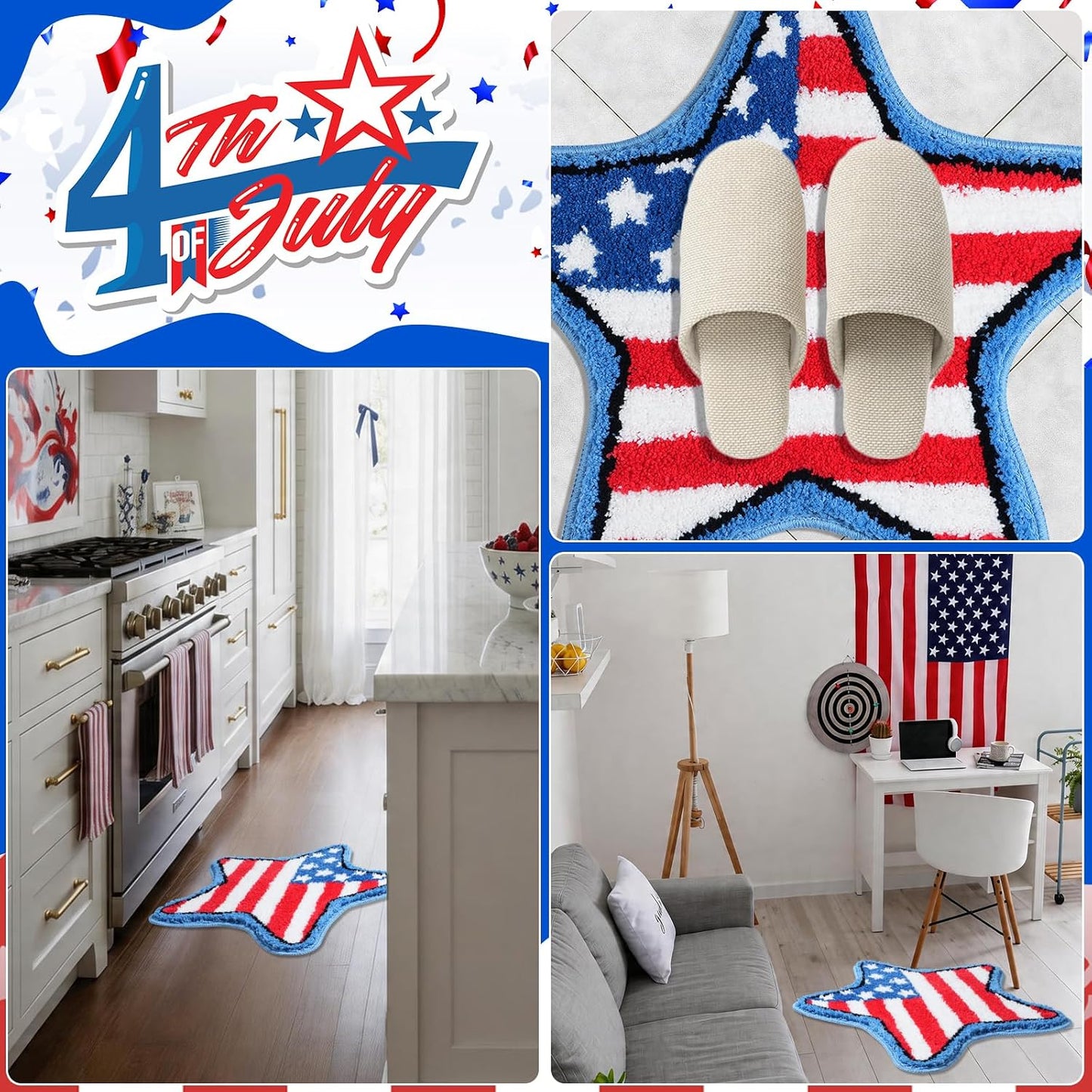 American Flag Bath Rug for 4th of July Decor,22.4"x23.6" Non-Slip Patriotic Star Shaped Door Mat Soft Absorbent Washable Indoor Outdoor Entryway Bathroom Kitchen Rug,Independence Day Decor