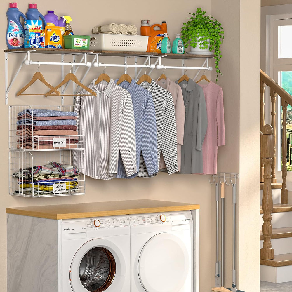 DAOUTIME 2 Set Laundry Room Wall Mounted Shelves With Wire Storage Baskets, O...