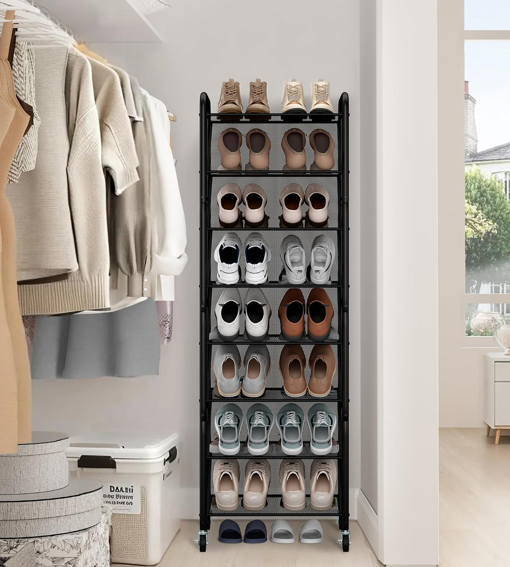 STO STO 8-Tier Narrow Shoe Rack with Lockable Wheels, Double-Sided Vinyl Mesh...