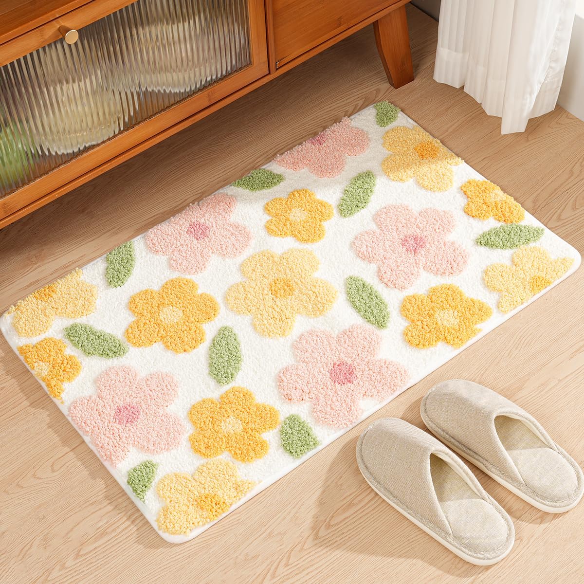 Cute Flowers Bathroom Rug Non Slip and Super Absorbent Bath Mat Machine Washable Bath Carpet Soft Microfiber Rug for Dining Room, Kitchen and Living Room (Colorful Flowers, 31"x20")