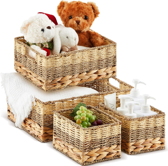 Suzile 4 Pack Wicker Storage Baskets, Water Hyacinth Seagrass, L M S