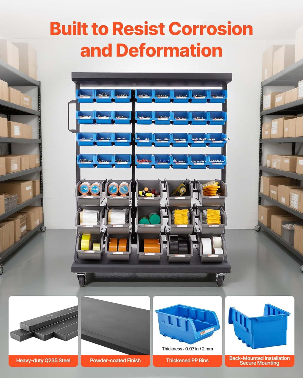 VEVOR 7-Tier Double-Sided Rolling Bin Storage Rack, 94 Plastic Bins, Dual-Sid...