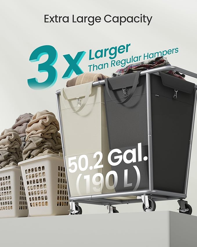 SONGMICS Laundry Basket with Wheels, 50.2 Gallons, 2-Section Rolling Laundry
