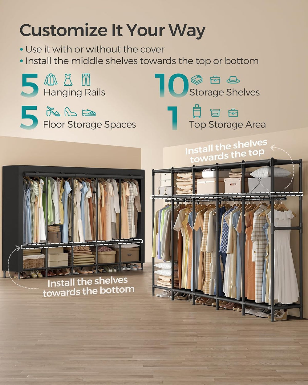 SONGMICS Wardrobe Closet, Fabric Cover, 5 Hanging Rails, 10 Shelves