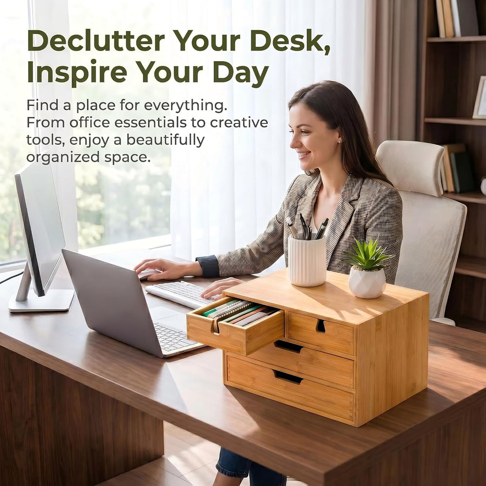 DEAYOU Bamboo Desk Organizer, 100% Natural Bamboo Desktop Drawer Organizer, T...