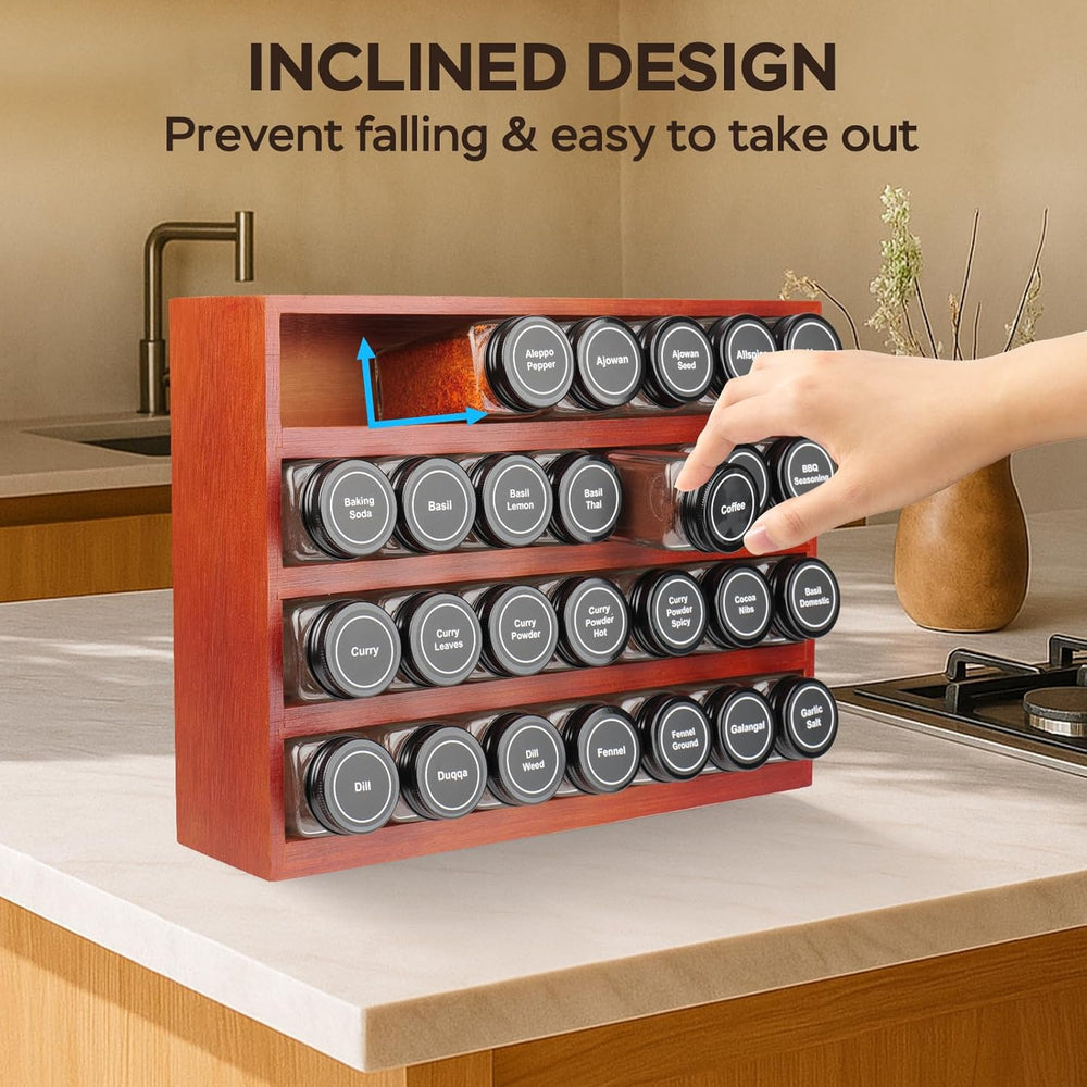 Bamboo Spice Rack Organizer with 28 Glass Spice Jars 4 oz Set Cherry Stain