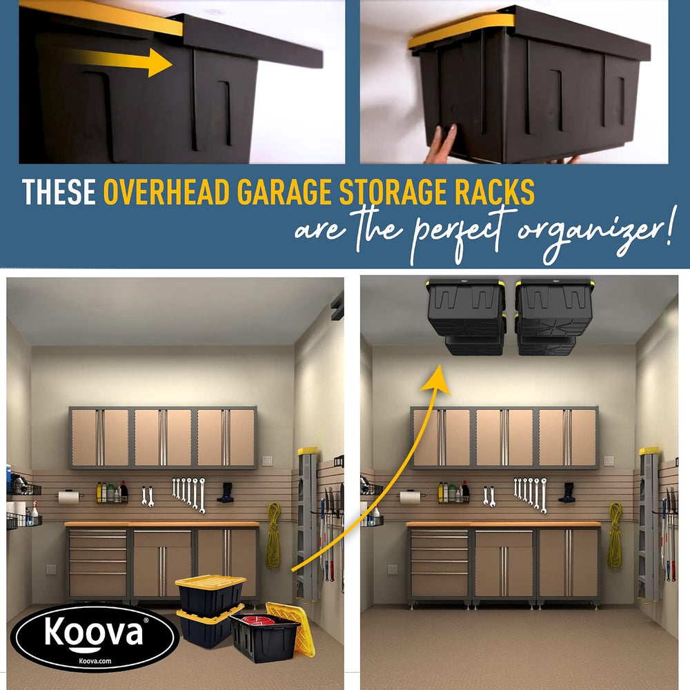 Koova Heavy-Duty Overhead Garage Storage Rack for 4 Bins. Adjustable Width, 1...