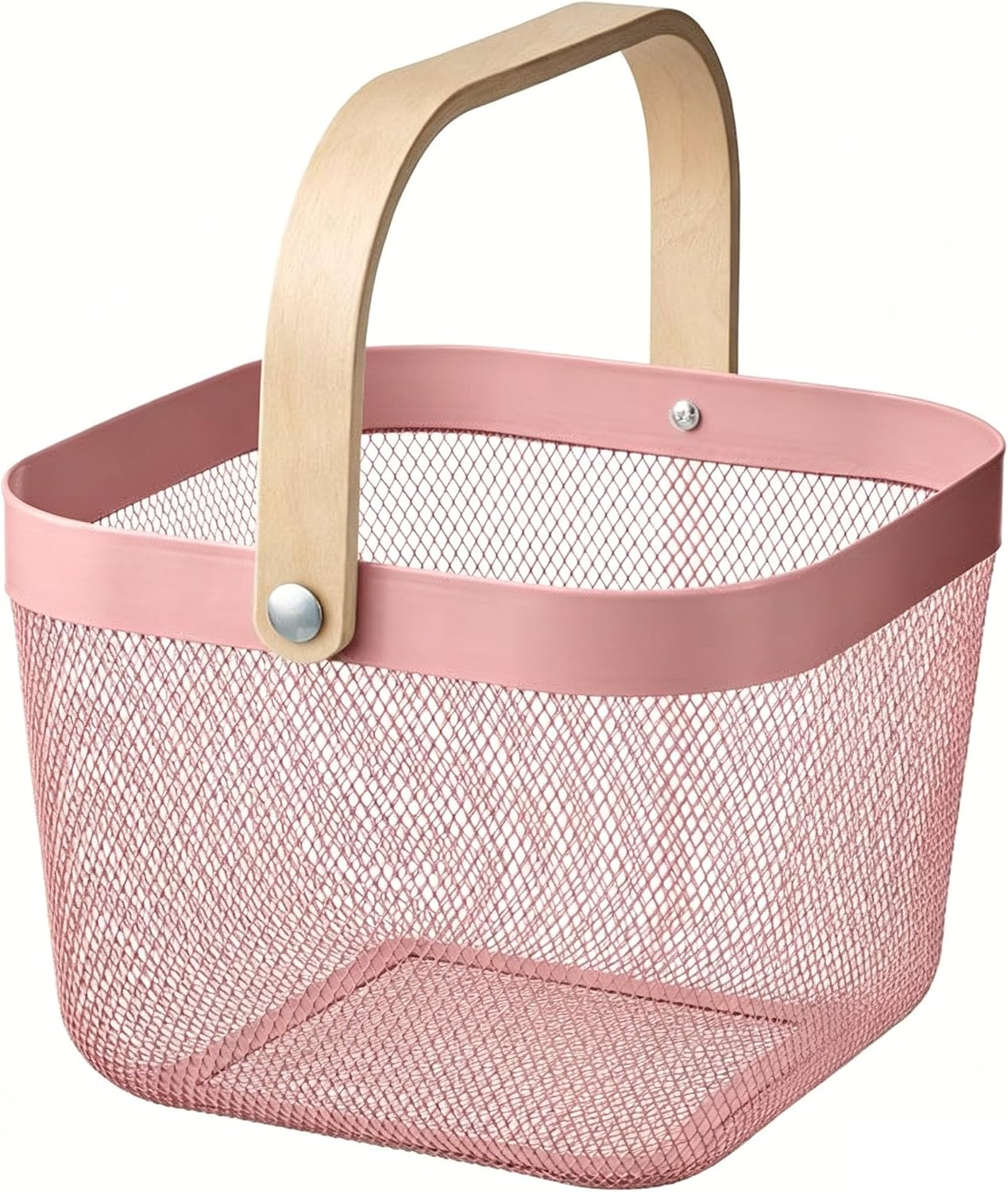 AJIODA Metal Mesh Steel Basket, Storage Organizer Basket Multi-functional Hanging Kitchen Baskets Fruit Baskets with Wooden Handle for Kitchen Bathroom Picnic Shopping Decor Cabinet Home, Rose Pink