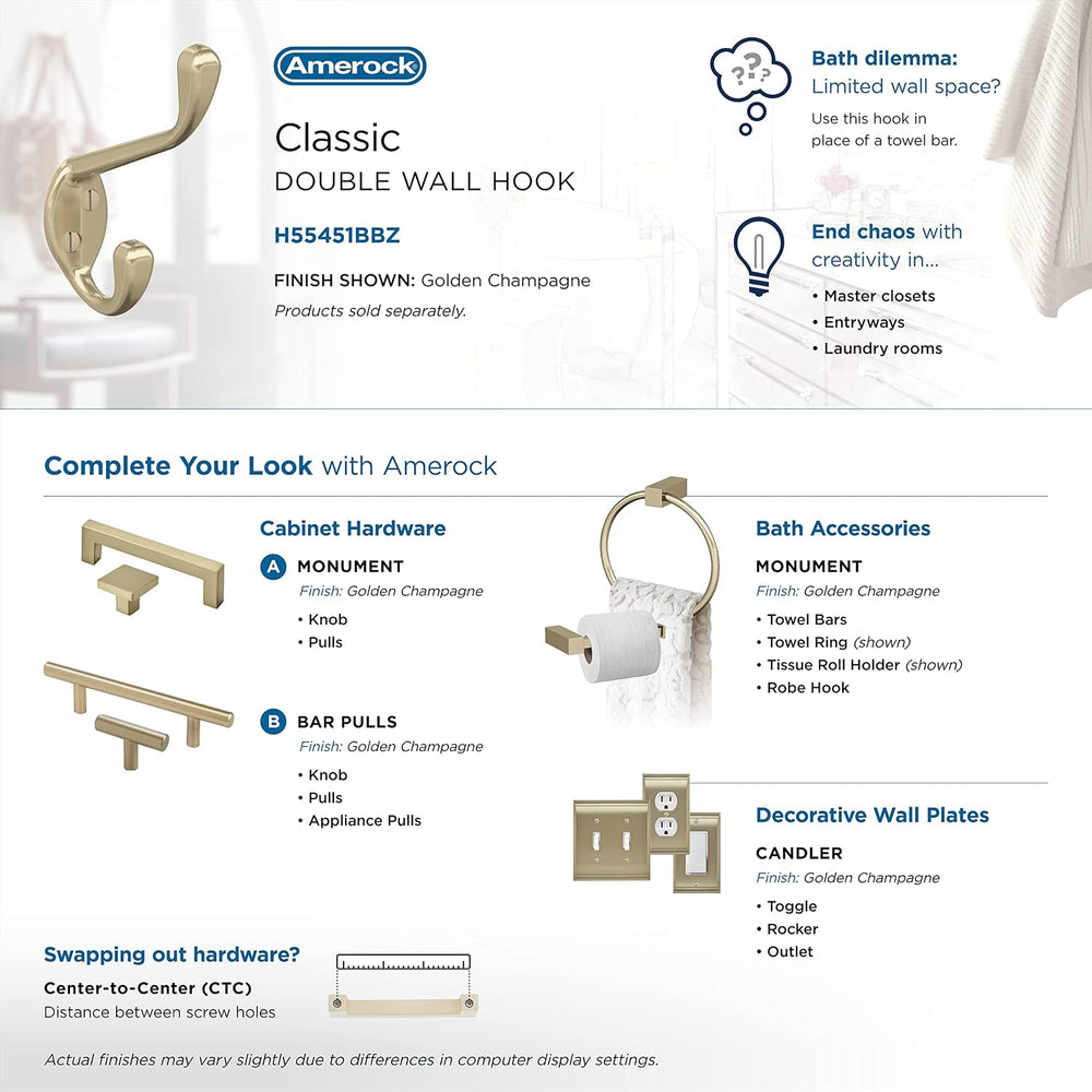 Amerock H55451BBZ | Noble Double Prong Decorative Wall Hook | Golden Champagn...