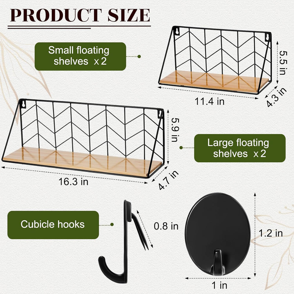Maxdot Floating Shelves Wall Mounted Set of 4 with 24 Cubicle Hooks, Black