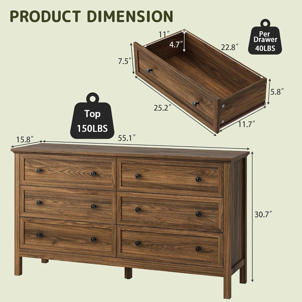 Walnut 6 Drawer Dresser for Bedroom, 55" Wood Chests of Drawers for Hallway