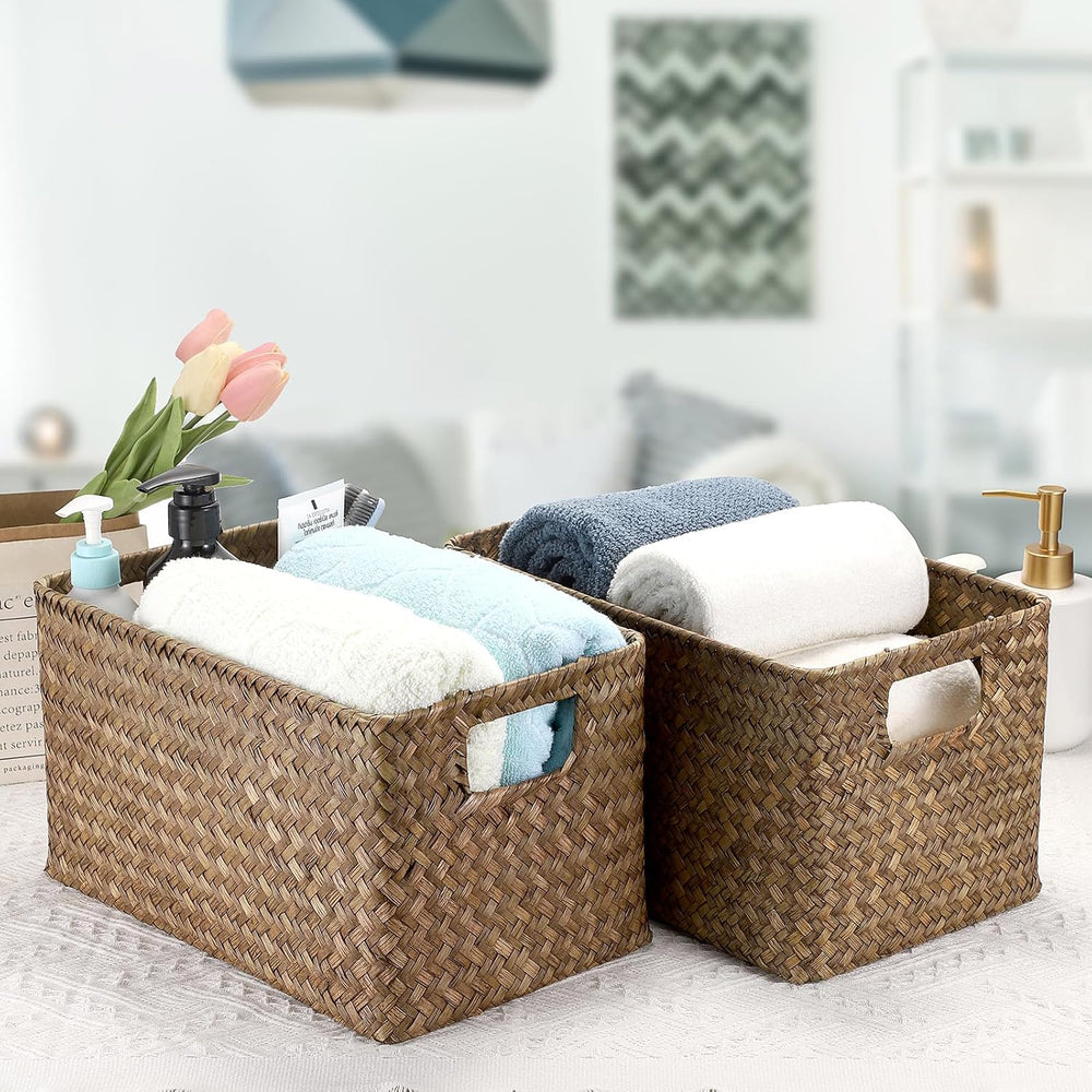 Hipiwe 2 Pack Natural Seagrass Basket with Handles Decorative Wicker Basket B...