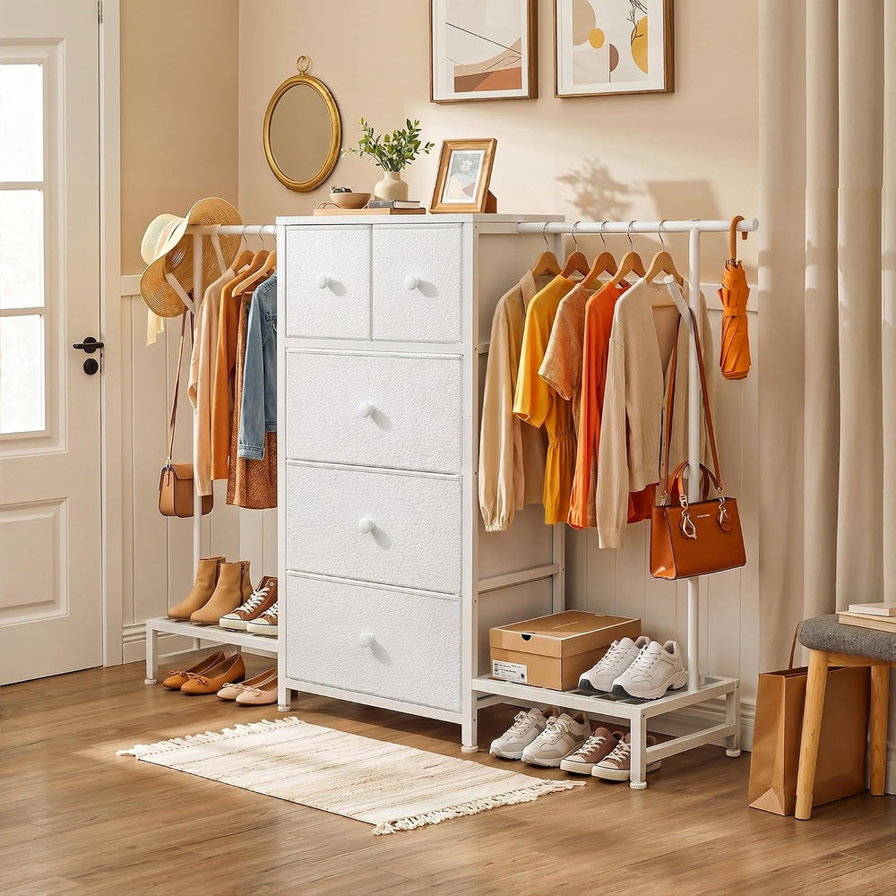 Romorgniz 3-in-1 White Dresser with Hanging Rack, 5 Drawers & 2 Shoe Racks