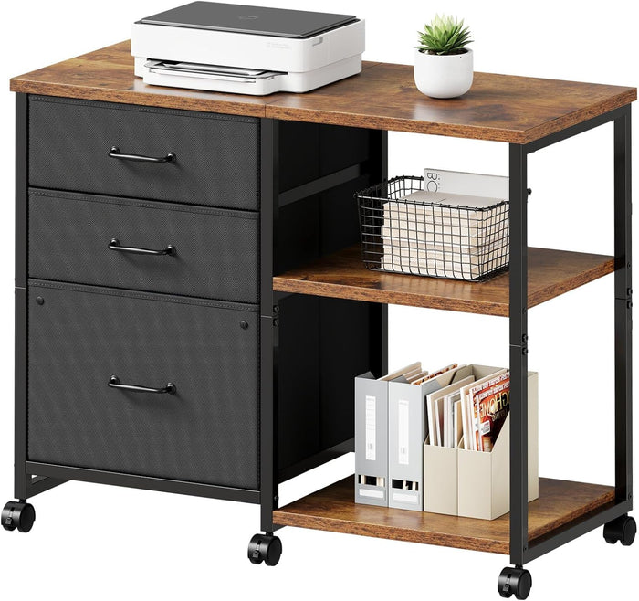 Maihail 3 Drawer File Cabinet with Wheels Rolling Printer Stand with Open Storage Shelf Fabric Lateral Filing Cabinet for Home Office,Rustic Brown