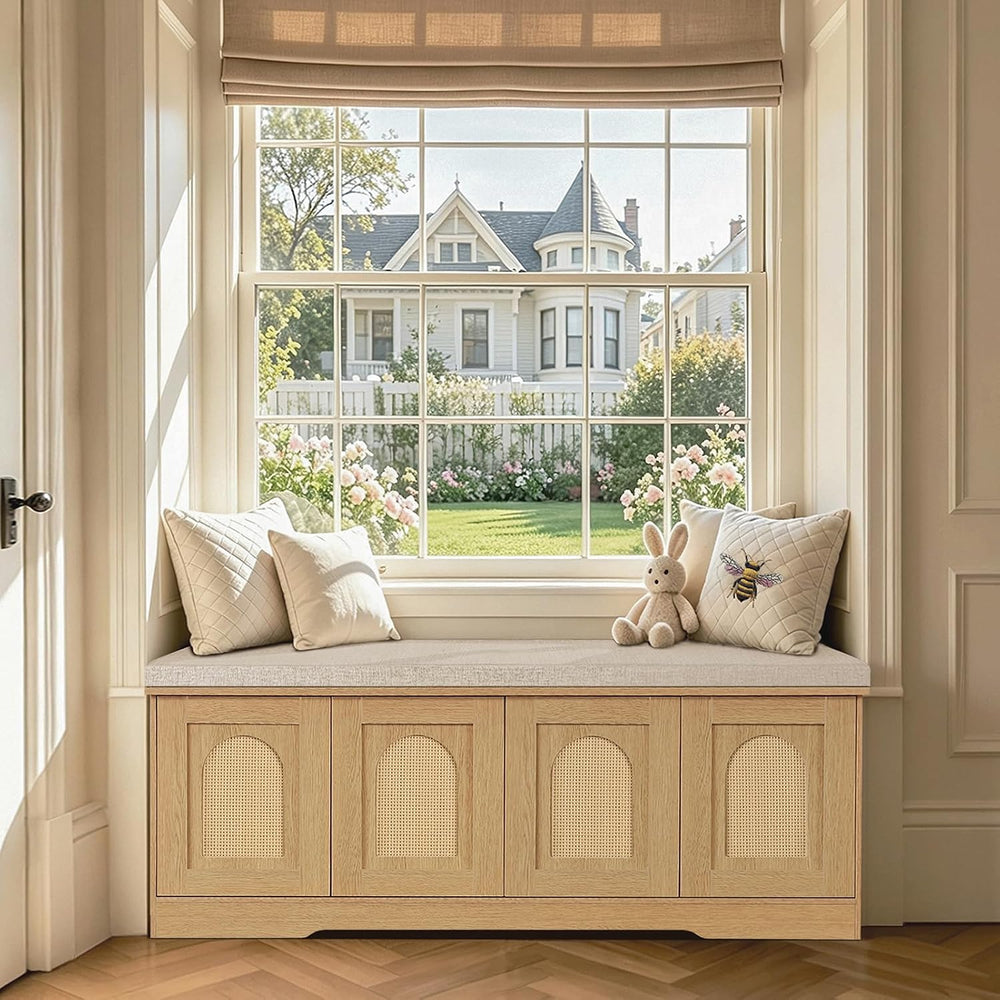 DINZI LVJ Shoe Storage Bench with Cushion, Door, Natural Oak 47.2" LX17.7 H