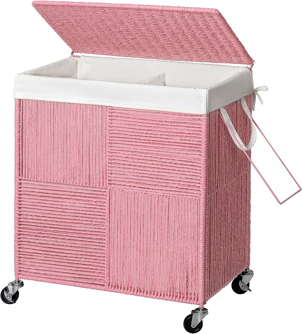 WOWLIVE Double Laundry Hamper with Wheels, Handwoven Rolling Laundry Basket