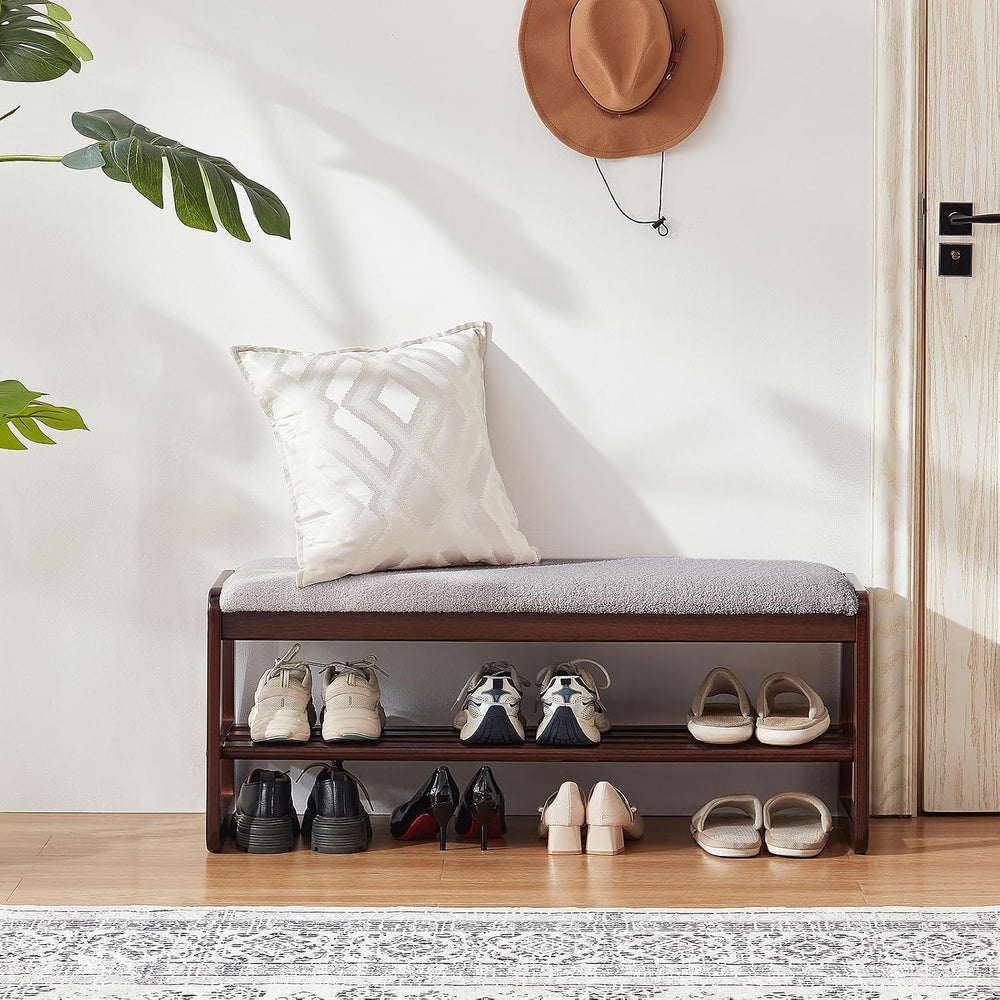 Shoe Rack Bench, 2 Tier Solid Wooden Entryway Bench(Gray Lilac, 39.4")