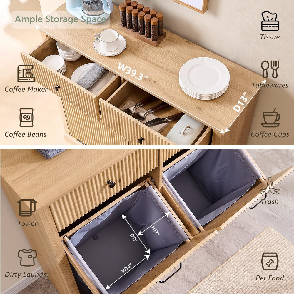 IFBUY Double Tilt Out Laundry Hamper Cabinet, Modern Trash Cabinet, Natural