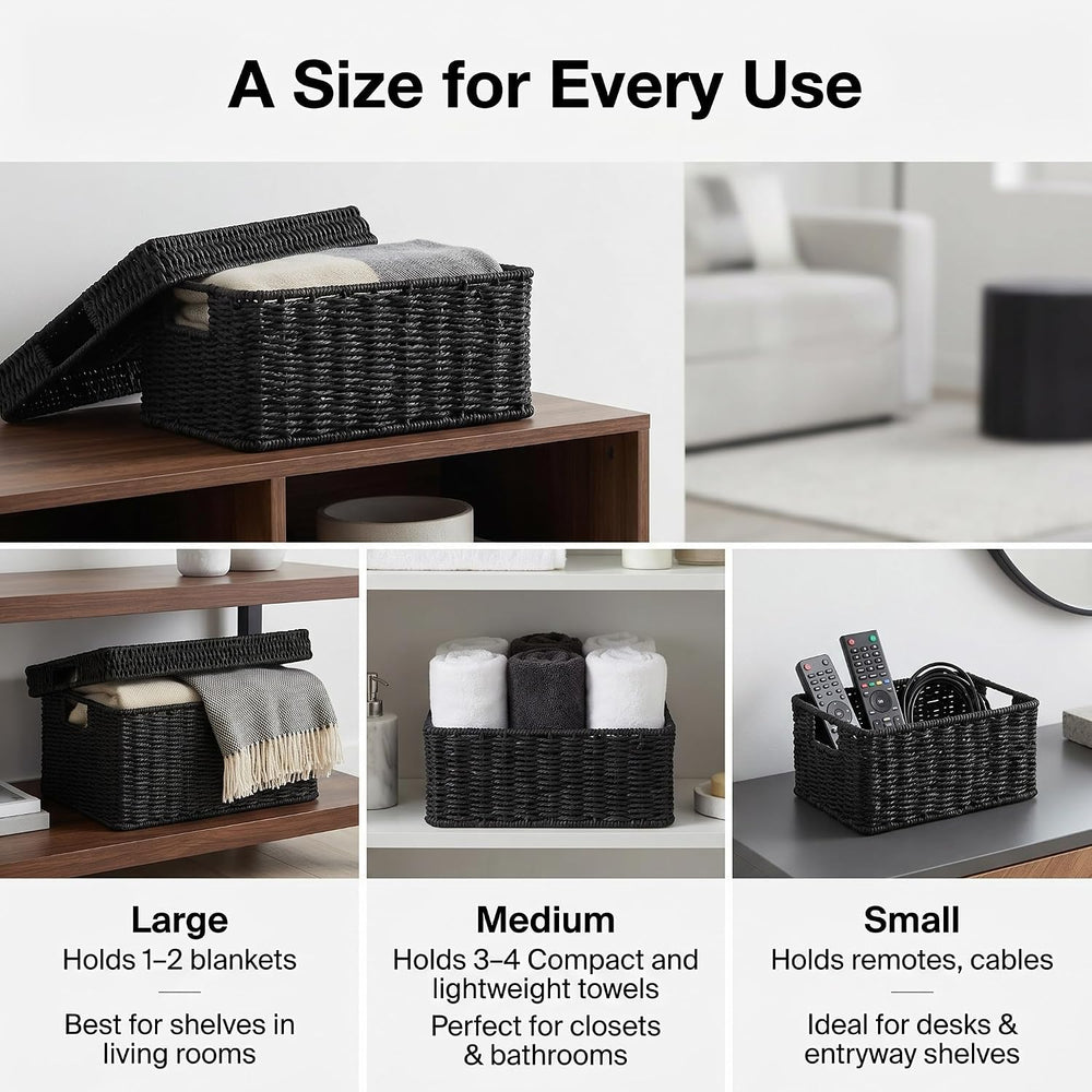 Wicker Storage Basket with Lid for Shelves, 3-Basket Set, Black