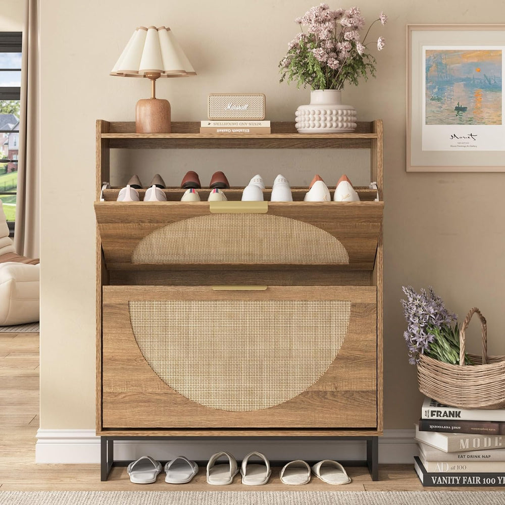 Maupvit Rattan Shoe Storage Cabinet with 2 Flip Drawers, Freestanding Shoe Or...