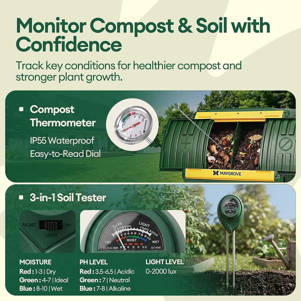 MAYGROVE Outdoor Compost Bin 53 Gallon Dual Chamber Composting Tumbler