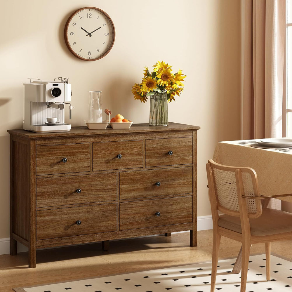 CARPETNAL 47" Walnut Dresser for Bedroom with 7 Drawer & Metal Handles