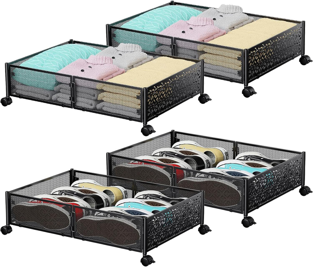 PHINOX Under Bed Storage with Wheels,Patterned,Sturdy Metal,4 Pack,Black