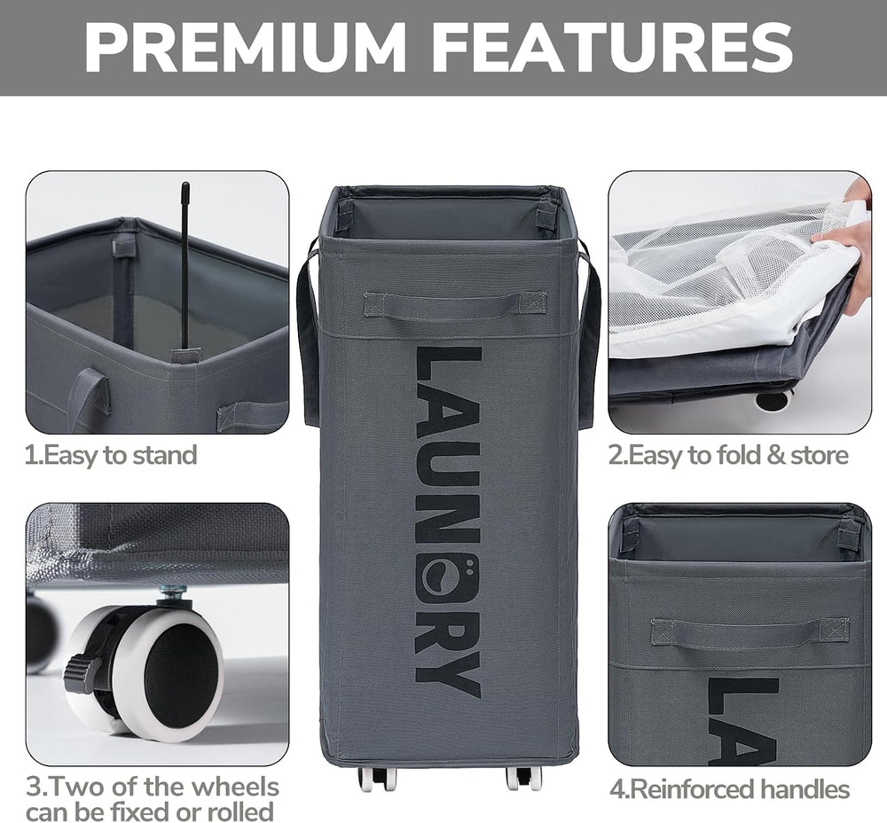 Goodpick 2-Pack Laundry Basket with Wheels & Wash Bag, Hamper for Dorm, 75L