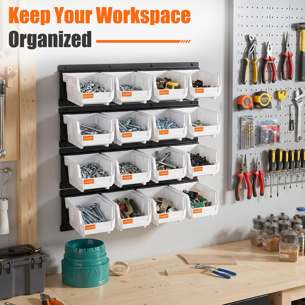 16pc Wall-Mounted Storage Organizer Set with Metal Rails White
