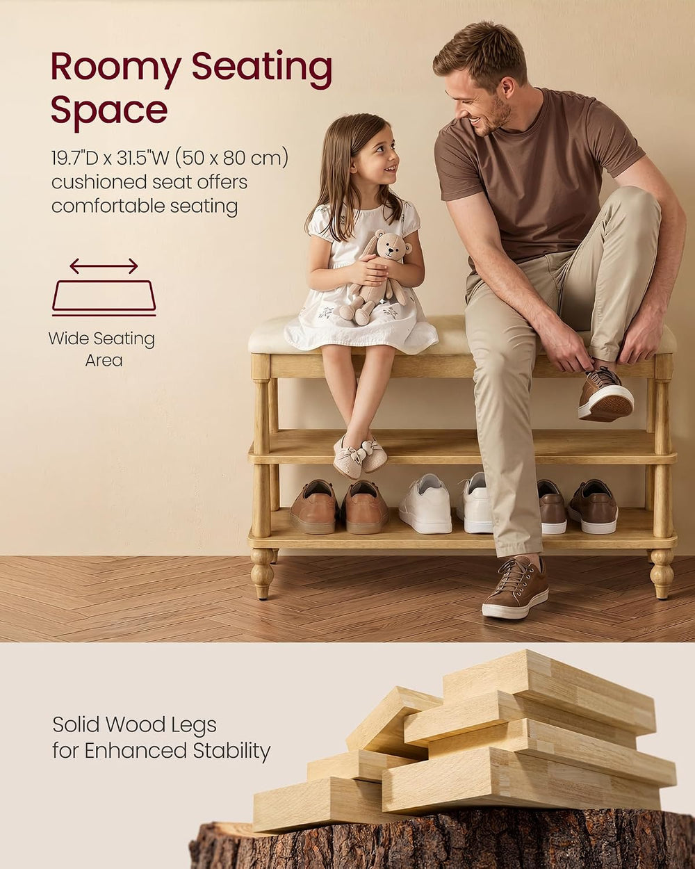 VASAGLE 2-Tier Shoe Bench, Wooden Entryway Bench, 31.5 Inches Width