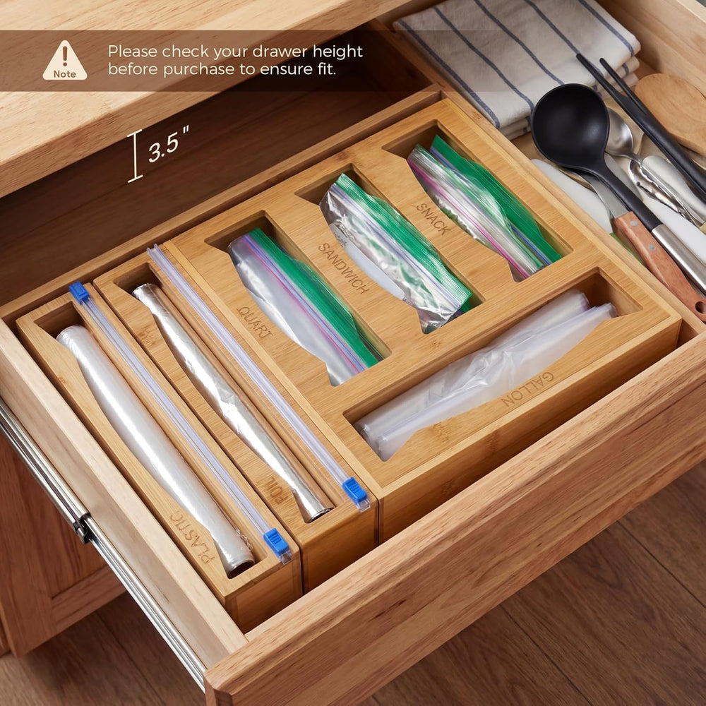 6-in-1 Bamboo Kitchen Drawer Organizer for Storage Bag, Foil & Plastic Wrap