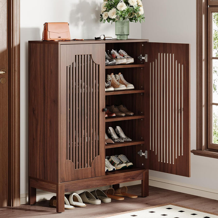Tribesigns Shoe Cabinet with Doors, 5-Tier Shoe Storage Cabinet with Adjustable Shelves, 20 Pairs Wooden Shoe Rack Organizer, Tall Narrow Shoe Cabinet for Entryway, Hallway, Living Room, Walnut