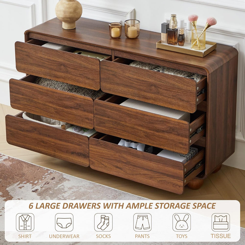 Modern 6 Drawer Dresser for Bedroom, 48" Wooden Chest of Drawers, Walnut