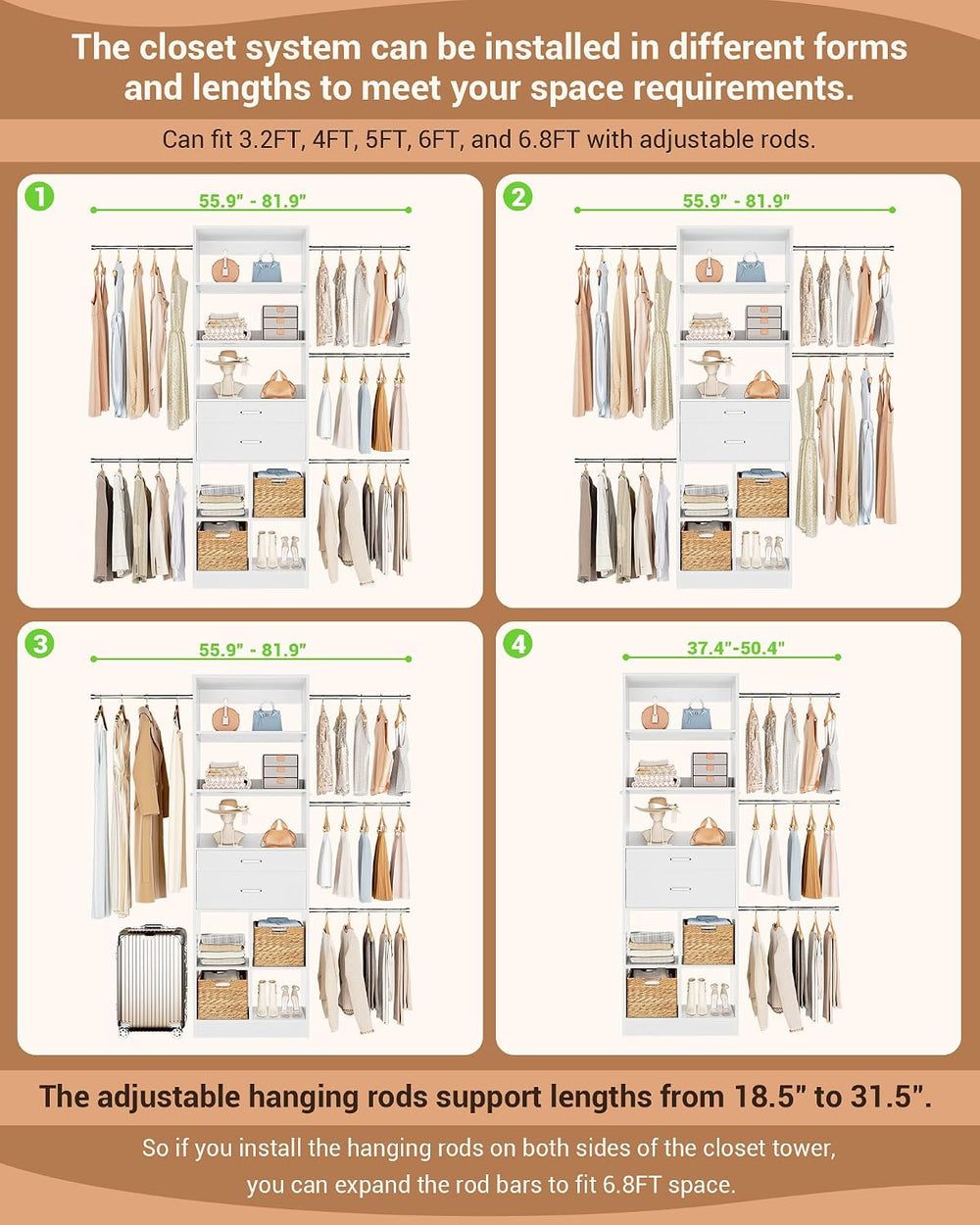 Besiost Small Closet System, 3.2-6.8FT Small Closet Organizer with 2 Wooden D...
