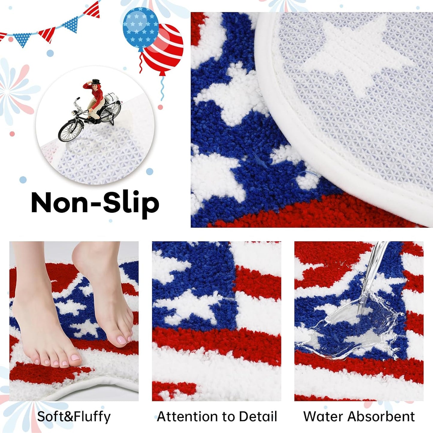 Independence Day Bathroom Rug 35x20 Inch,American Flag Stars Bath Mat with Blue Red Hearts Design, 4th of July Non-Slip Absorbent Bath Rug for Patriotic Bathroom Decor