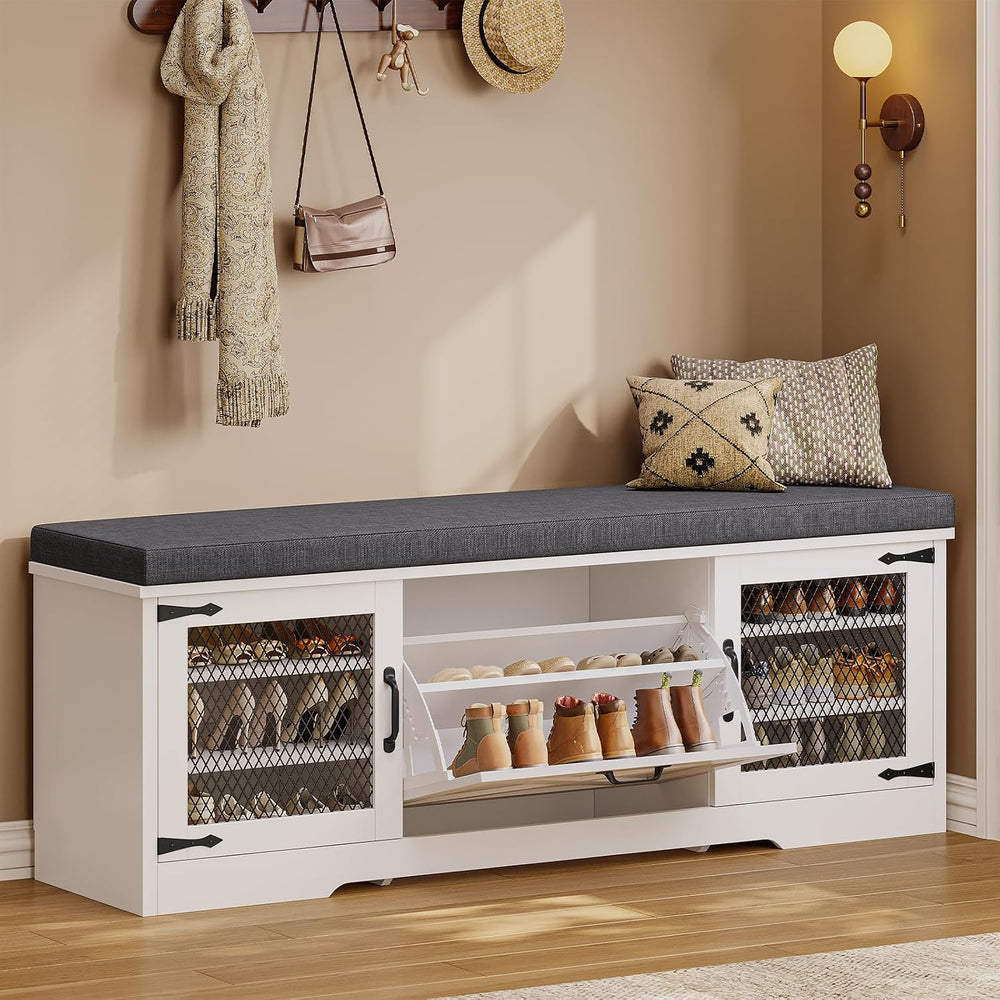 UPOSOJA Farmhouse Storage Bench with Flip Drawers & Padded Seat Cushion, ...
