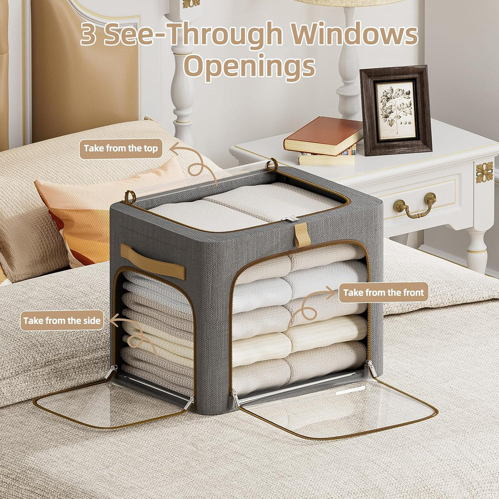 Clothes Storage Bins with Metal Frame and 3 See-Through Windows Openings