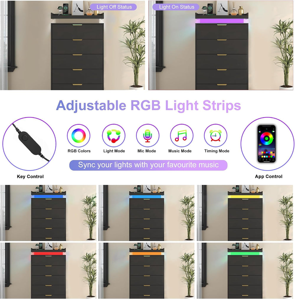 UNIQUITE Tall Dresser for Bedroom, Black Dresser with LED Lights, Wood 5 Draw...