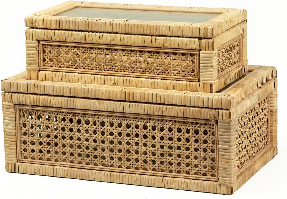 Rattan Display Box for Home Decor with Lid - Rectangular Coastal Bohemian Sty...