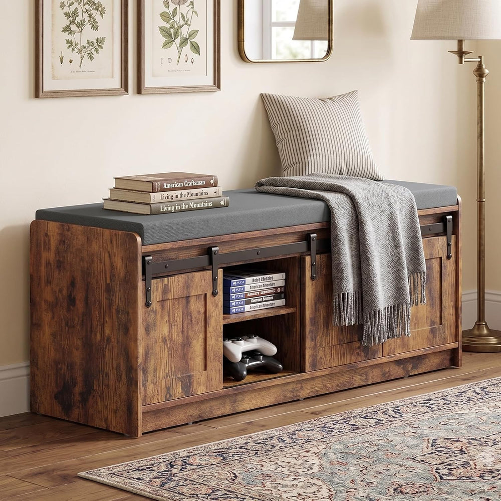 42" Farmhouse Shoe Storage Bench with Seating Cushion,for Entryway