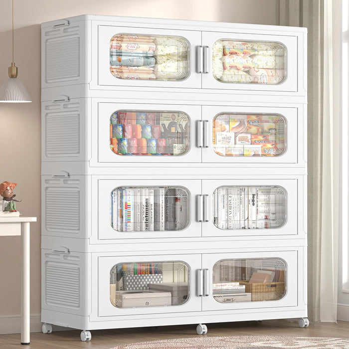 200Gal Extra Large Stackable Storage Bins with Lid & Doors & Wheels, 200QT/50GAL 4-Tiers Collapsible Closet Organizers Plastic Boxes Drawers Containers for Home Kitchen Bedroom, White