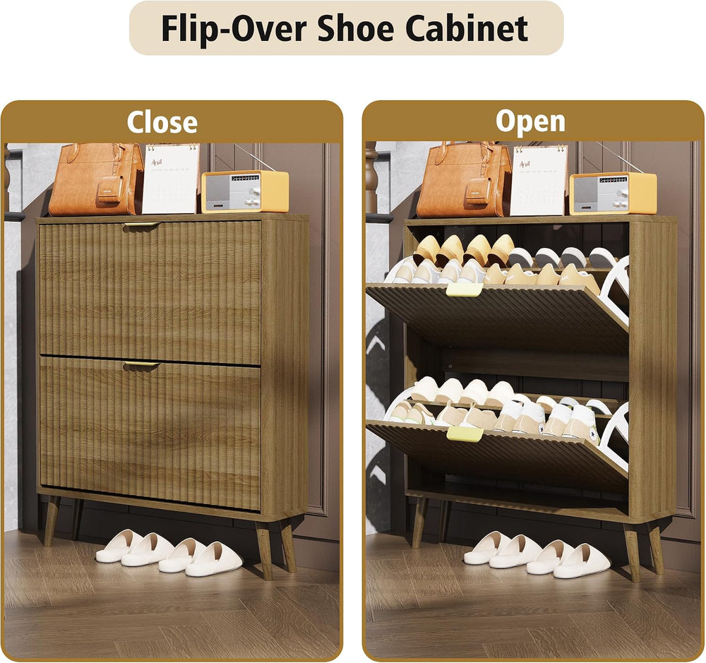 KIGOTY Narrow Shoe Storage Cabinet, Shoe Cabinet with 2 Flip Drawers, Freesta...