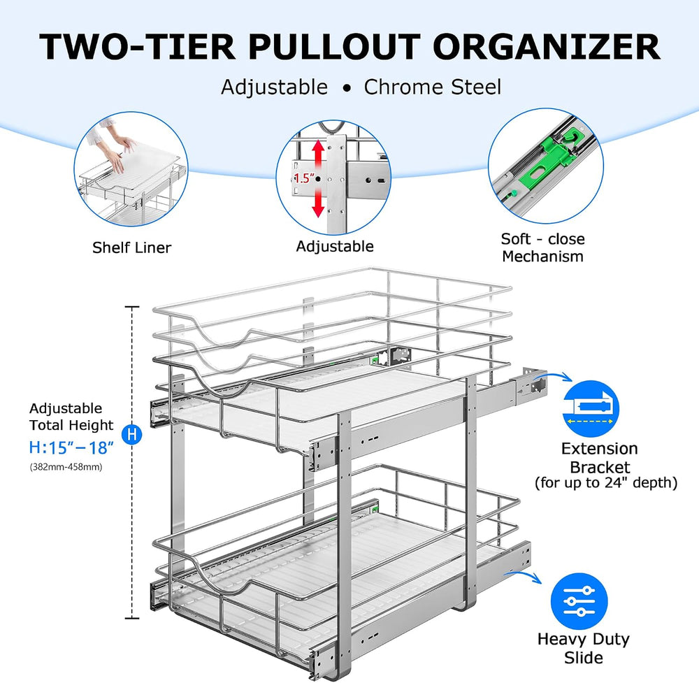 WelFurGeer 2-Tier Kitchen Cabinet Pullout Shelf and Drawer Organizer, Soft Cl...