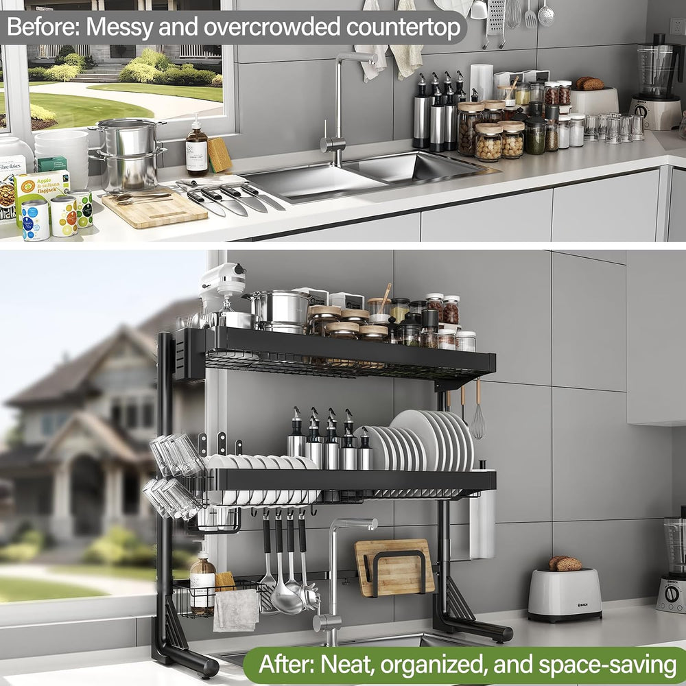 Over Sink Dish Drying Rack, 3-Tier Full Stainless Steel Drainer Dish Rack Adj...