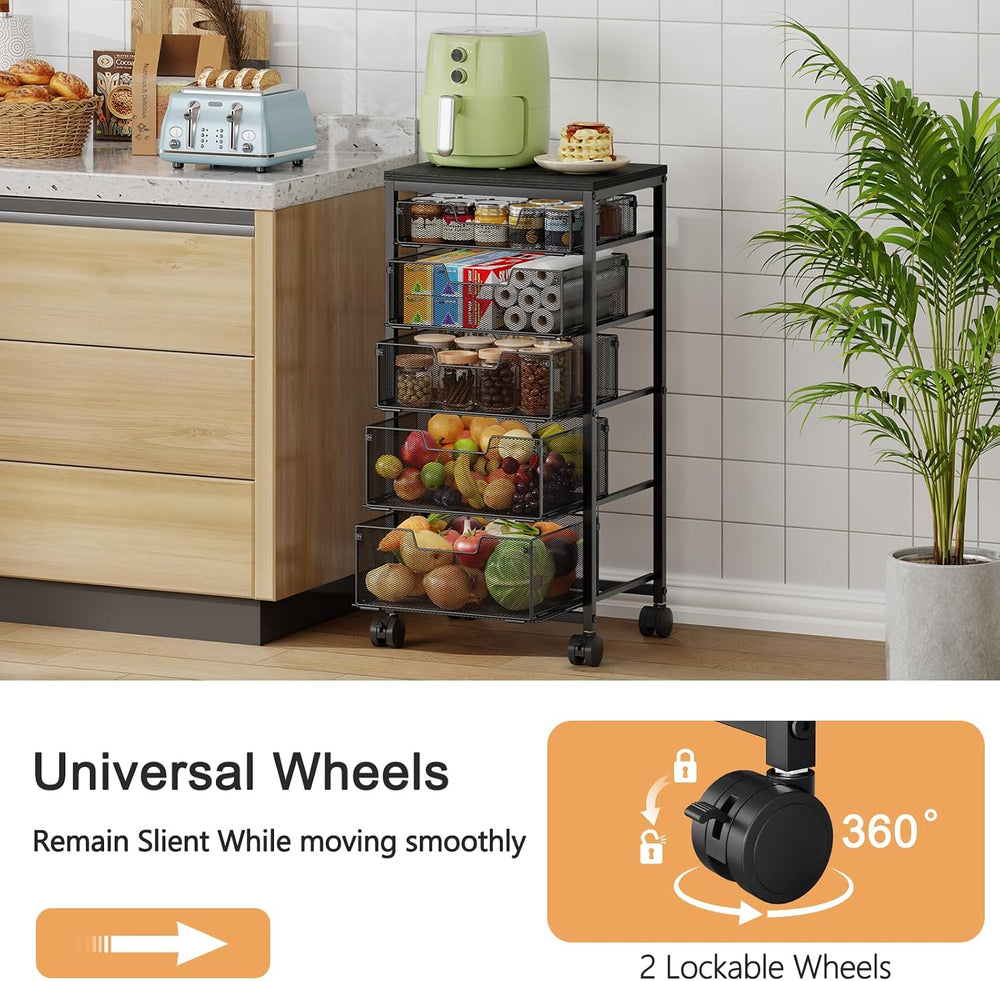 Kitchen Storage Cart with Drawer, 5-Tier Fruit Vegetable Storage Cart, Kitche...