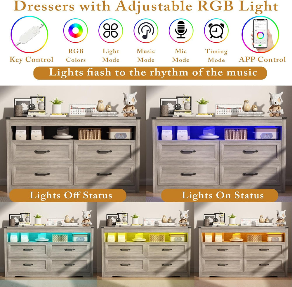 Wodeer Grey Dresser for Bedroom, Wooden 4 Drawer Dresser with LED Light, Dres...