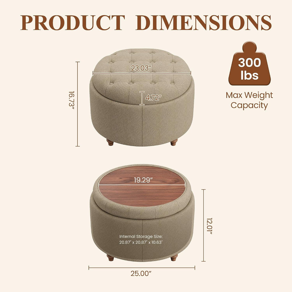 25" Round Ottoman with Storage, Small Coffee Table with Reversible Tray Lid