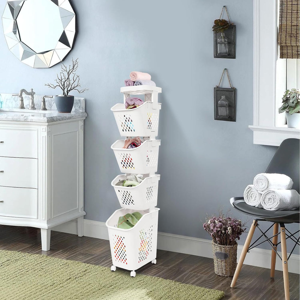 4-Tier Rolling Laundry Hamper, Plastic Laundry Cart Organizer with Wheels, Co...